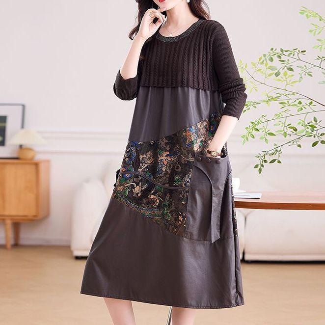 Women's long Sweater Dress Knitted Patchwork PU Leather A-Line Dress Plus Size Knitted Dress for Autumn and Winter ...
