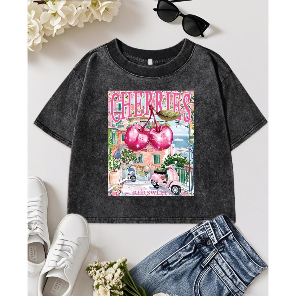 Cherries Red Sweet Town Scenery Print Women Washed T-Shirt Casual Crop T Shirt Summer Cotton Clothes Short Sleeve