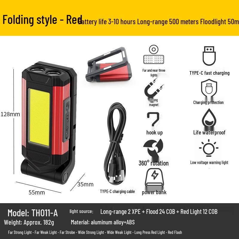 Multifunctional COB Work Light with USB Power Bank, Magnetic Base, and Foldable, High-Brightness Lamp for Emergency and Car Inspection.