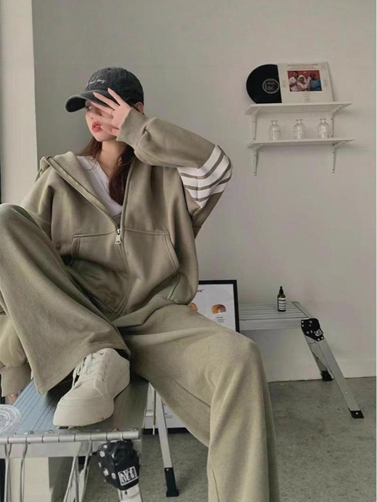 Korean Style Women's Tracksuit Set - Loose Zipper Hoodie Casual Fashion for Autumn/Spring