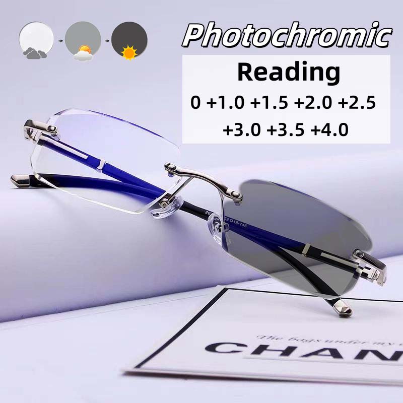 Diamond Trimmed Frameless Photochromic Reading Glasses for Men Anti Fatigue Anti Blue Light Business Eyewear