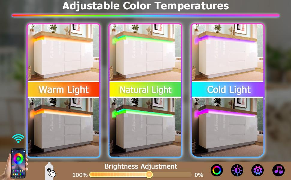 Chest of Drawers, High Gloss Sideboard with 2 Doors and 3 Drawers, LED Lighting, Cabinet for Living Room and Bedroom, 81 X 140 X 39 Cm, White