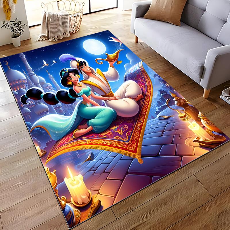 Flannel Rug Jasmine and Aladdin Flying on Magic Carpet over Arabian Palace at Moonlit Night Disney Cartoon Home Decor Bedroom