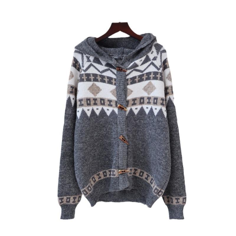 Retro Hooded Horn Buckle Knitted Cardigan Autumn and Winter New Design Sense Loose Lazy Wind Sweater Jacket Women