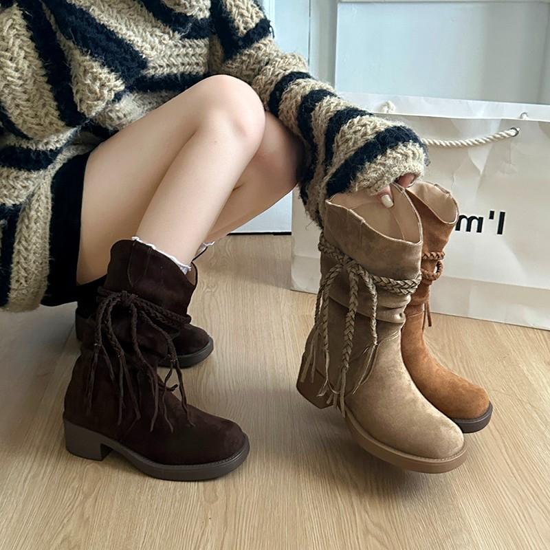 New Style Luxury Women's Spring and Autumn Retro Fashion Style Boots Thick Heel Long Tube Slim Stacked Middle Tube Boots