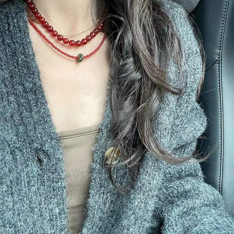 New Chinese Style Red Beaded Green Running Ring Elastic Rope Bracelet Necklace Women'S Light Luxury Fashion Versatile Bracelet Jewelry