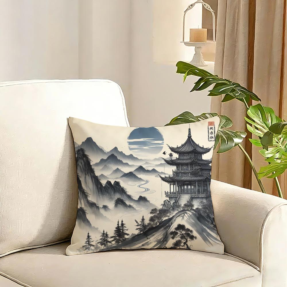 Chinese ink painting style Cushion Cover Reversible Plush Pillow Cover Soft Fluffy Home Decor for Sofa Bedroom 30x30cm