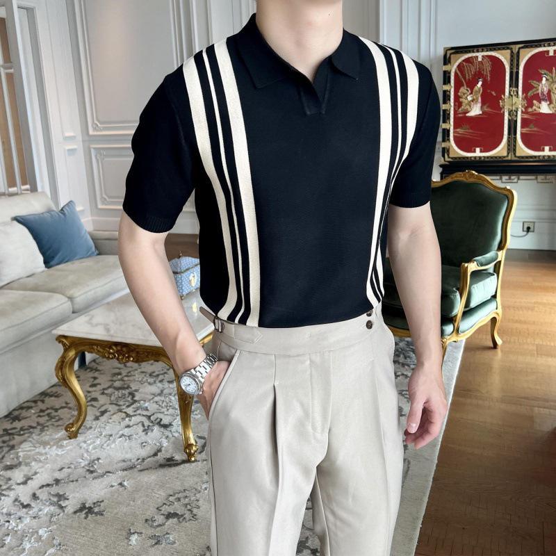 Men's Trendy Striped Short Sleeve Polo Shirt - Cool & Handsome Turn-Down Collar Casual Tee