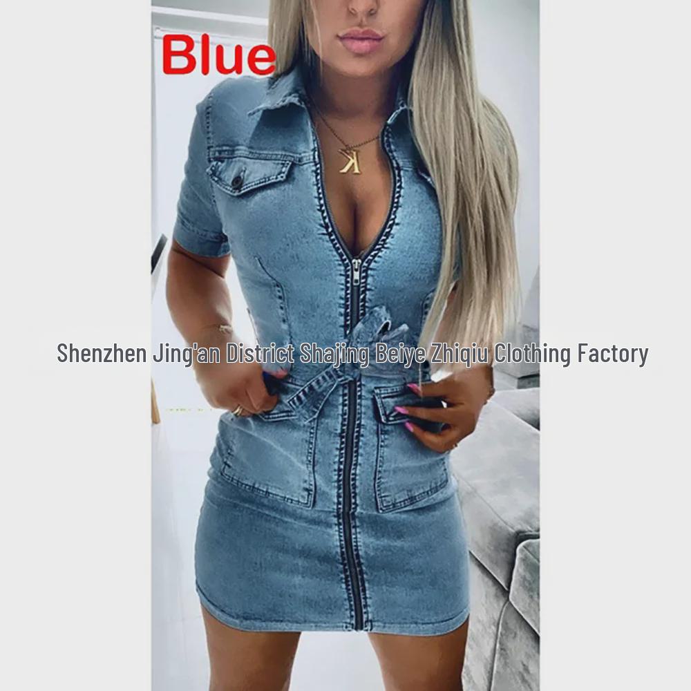 Slim Solid Color Women's Denim Dress with Zipper, Tie Waist - European & American Style