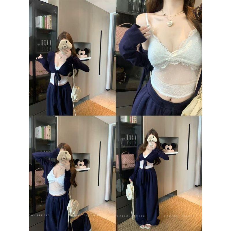 Kumikumi Design Thin Lace T-shirt Inner Wear Lace Sling Women Autumn Slimming Casual Pants Three-Piece Set