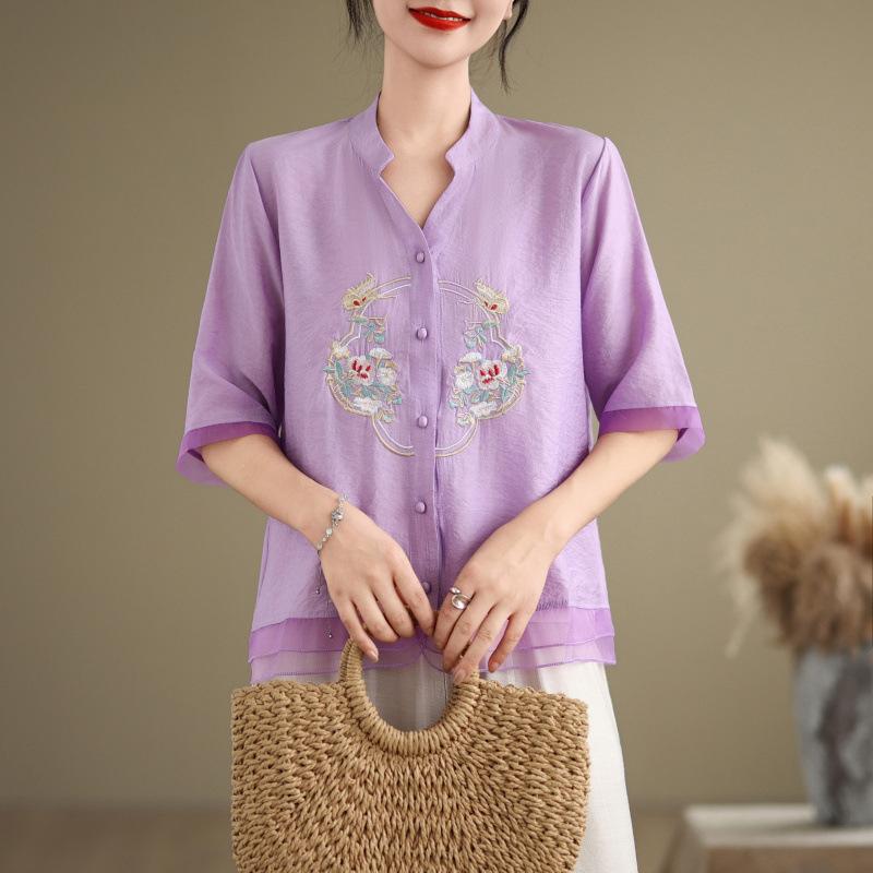 

Летняя художественная свободная вышитая цветочная рубашка с V-образным вырезом и короткими рукавами, женская рубашка, топ, блузки и рубашки 2XL