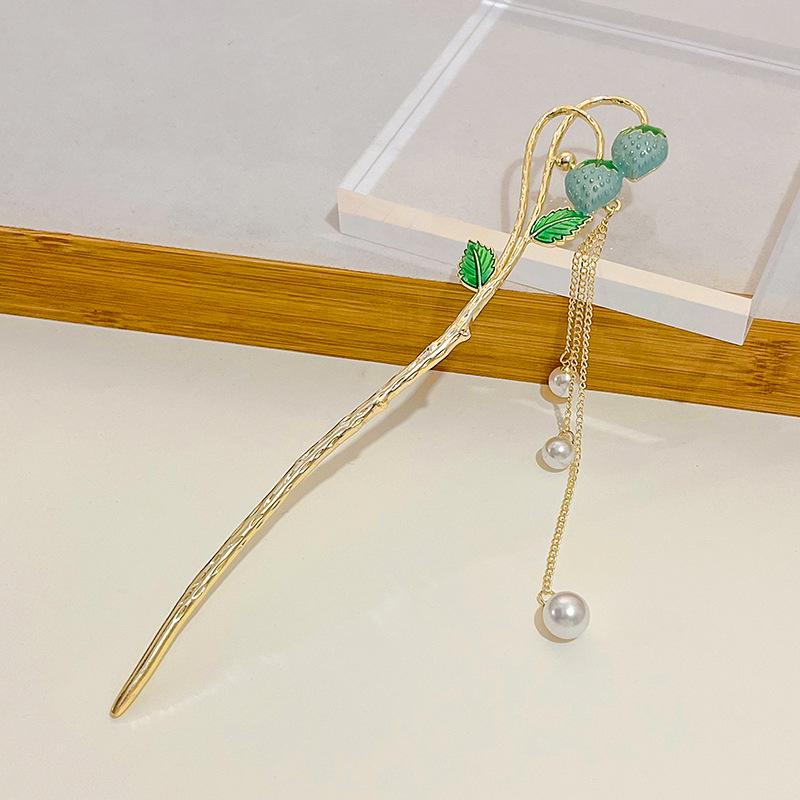Cute Strawberry Pearls Tassel Hairpin Retro Creative Colorful Fruits Headpiece Cheongsam Antique Style Hair Ornaments