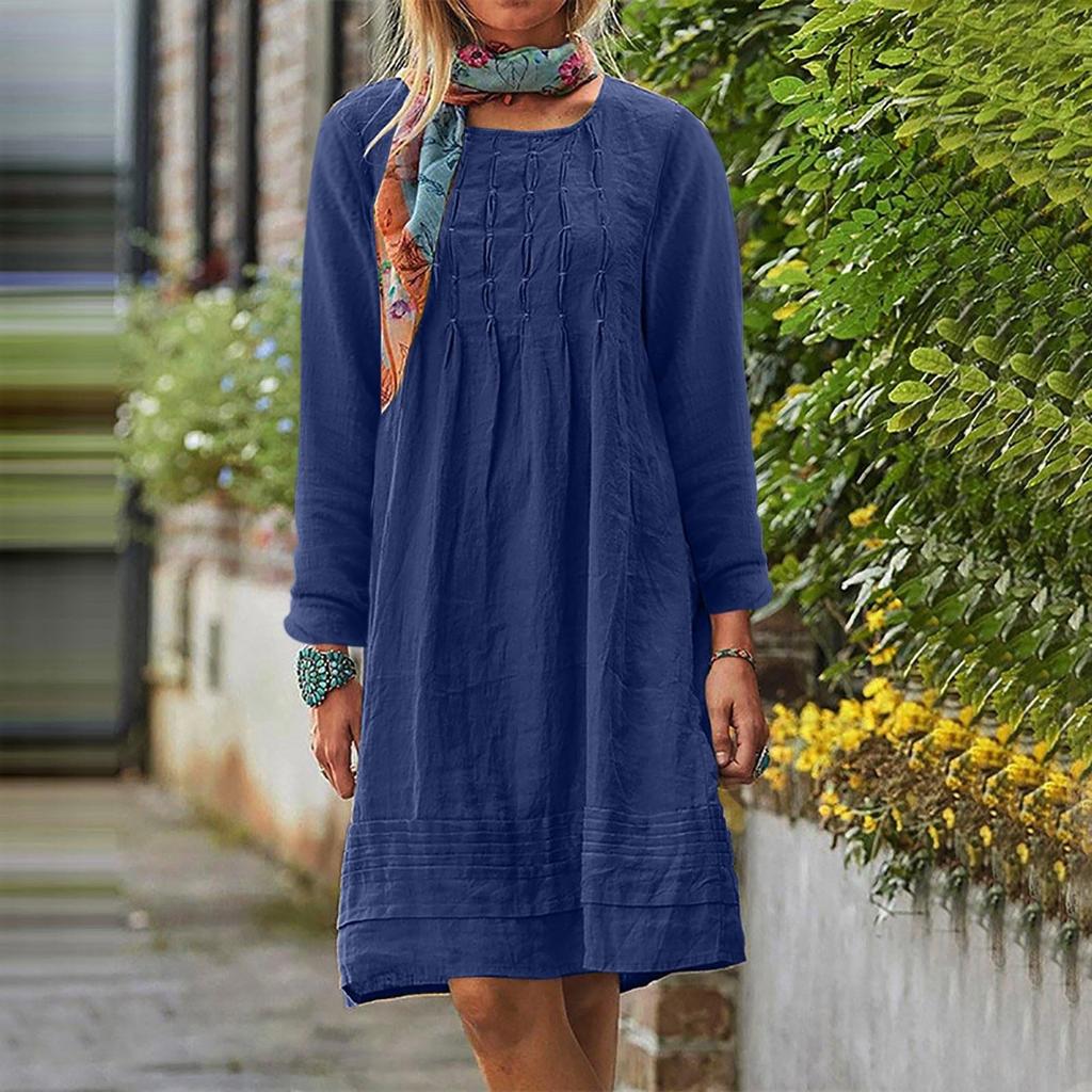Women's Round-neck Solid-color Loose Casual Cotton And Linen Dress