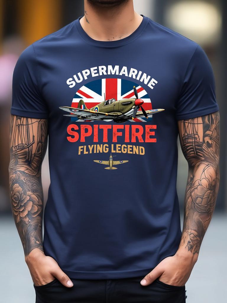 Mens Vintage British WWII Spitfire Flying TShirt Retro Military Aviation Graphic Tee Cotton Shirt Themed Events Summer Top