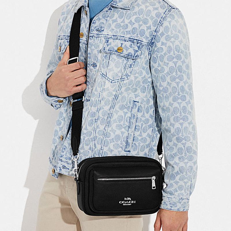 Coach Elias 25 Silver Letter Logo Zipper Closure Leather Camera Bag Men Shoulder Bag Black CJ509-SVDTV
