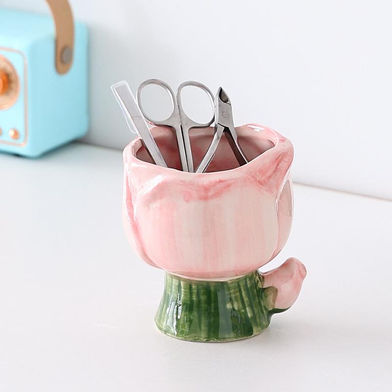 Premium Flower Pen Holder Creative Makeup Brush Storage Holder Ceramic Desktop Shelf Ornament Gift Girls Stationery