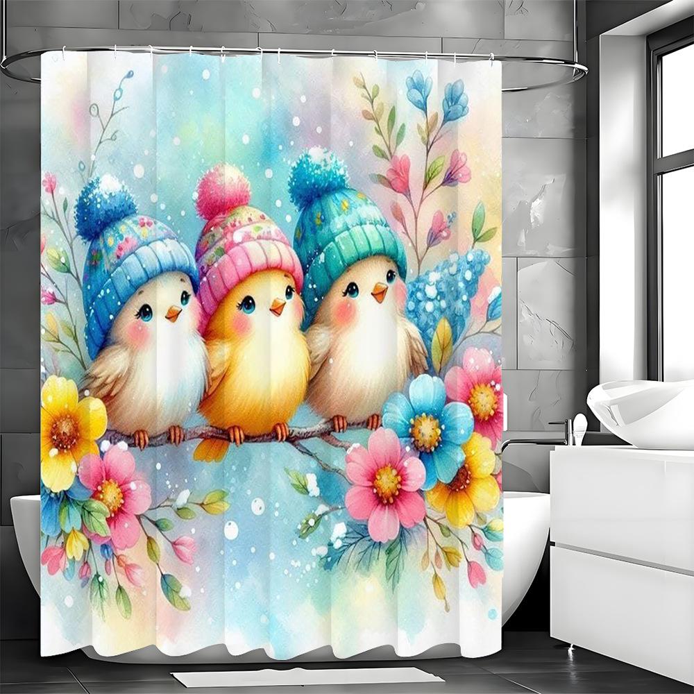 Painted three little birds with flowers Shower Curtain Washable Dirt-Resistant Shower Head waterproof Polyester Bath Curtain 90x180CM