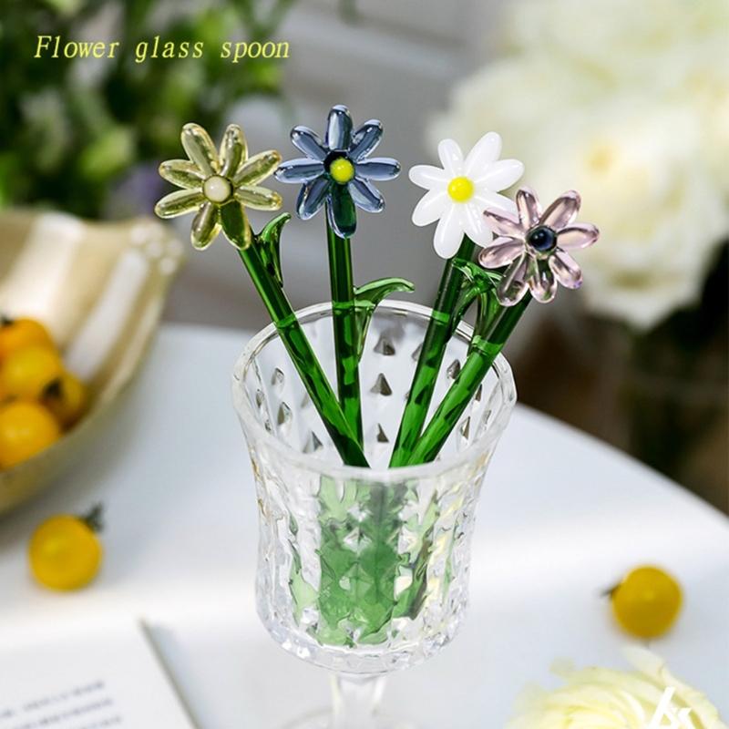 Transparent Glass Stirring Spoon With Elegant Flower Head Colored Stirrer For Coffee Tea Cocktails Head Resistant