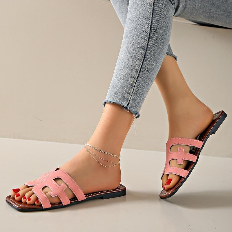 Women's Hollow Out Flat Slides, Retro Square Open Toe Summer Shoes, Casual Outdoor Beach Slides