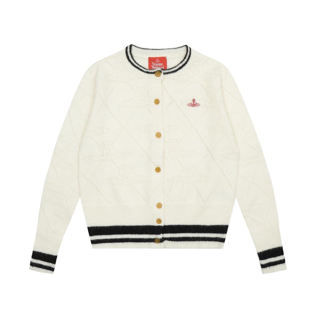 25SS Vivi Saturn Stickerei Schlanker Strickpullover mit Rüschenkragen - Koreanische Frühjahrs-/Herbstkollektion