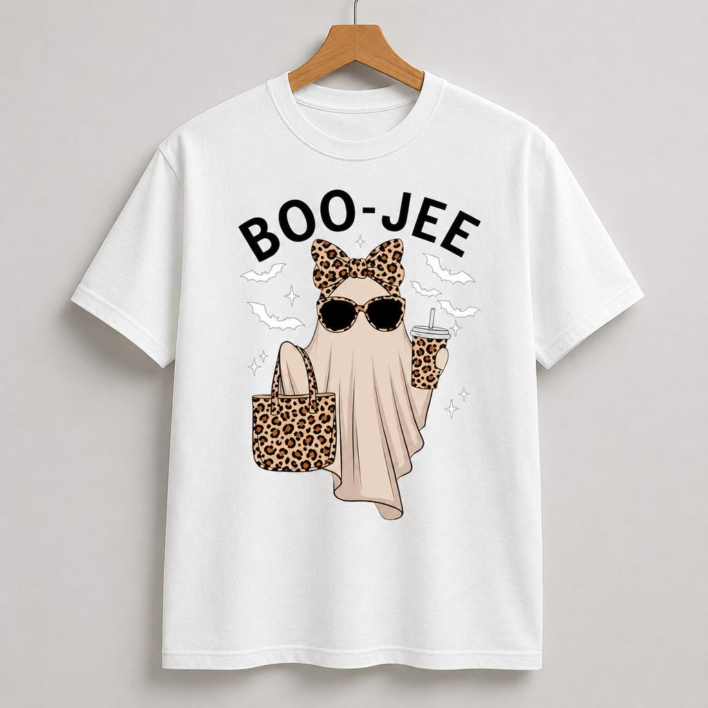 Boo-Jee Ghost Coffee Halloween T Shirt Leopard Print Womens Funny Graphic Tee
