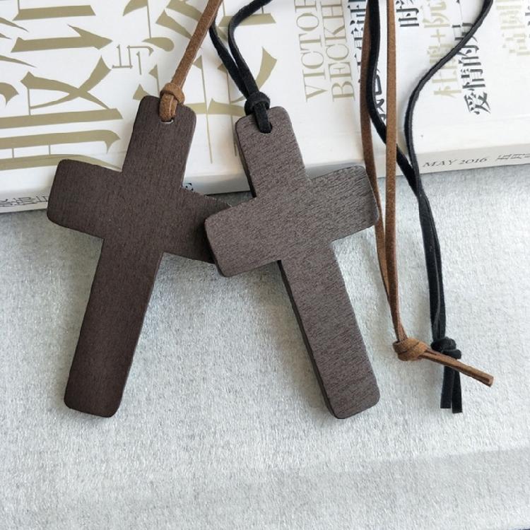 Vintage Wooden for Cross Pendant Brown/Black Rope Necklace Adjustable for Men Wo