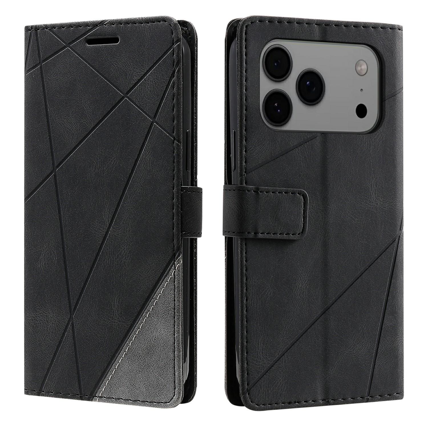 

For iPhone 17 Pro Max Case Imprinted Lines PU Leather Splicing Wallet Phone Cover Black