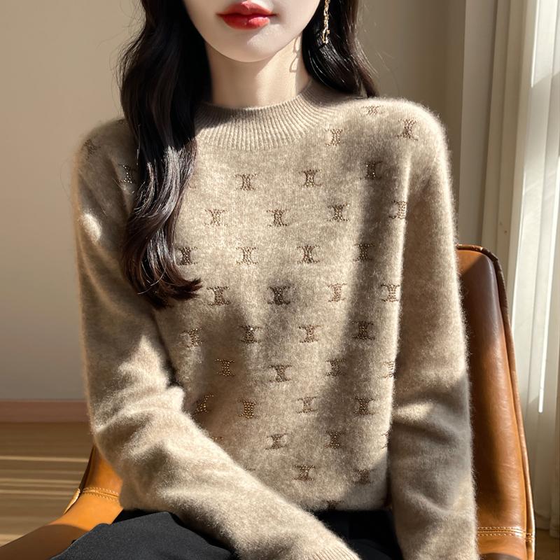 Suéter de cashmere feminino Qinghe cashmere 30% cashmere 70% lã outono e inverno cashmere pullover macio e quente