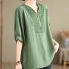 Women's Cotton Linen T-shirt  Summer Retro Loose V-neck  Plus Size Blouse Soft and Skin-friendly Blouse