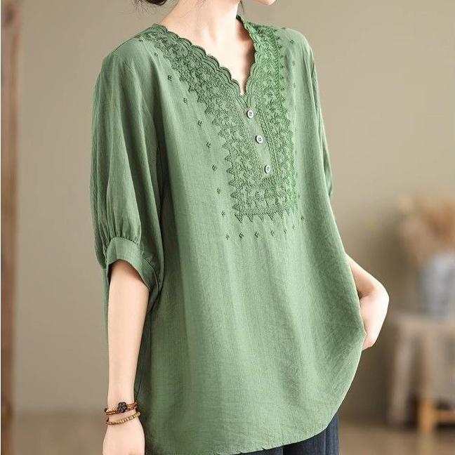 Women's Cotton Linen T-shirt  Summer Retro Loose V-neck  Plus Size Blouse Soft and Skin-friendly Blouse