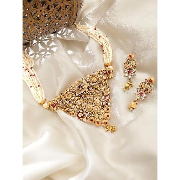 Gold-Plated Handcrafted Artificial Kundan Jewelry Choker Set with White Stone Matching Earrings For Women and Girls