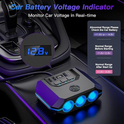 120W 7-in-1 Multi-Port Car Charger with 3 Outlets, Individual On/Off for Switch, LED Voltage Display, 12V/24V Power Outlet Shunt with 3.3ft Cable
