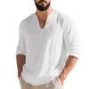 Men's Cotton-Linen Long-Sleeve Deep V-Neck Top, Lightweight Casual Shirt