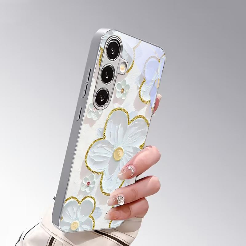 Gilded Impasto Bloom Electroplated Silver Phone Case For Samsung A31 A22 A32 A42 A52 A72 A13 A36 A56 A07 A17 A37 A57 Glass Cover