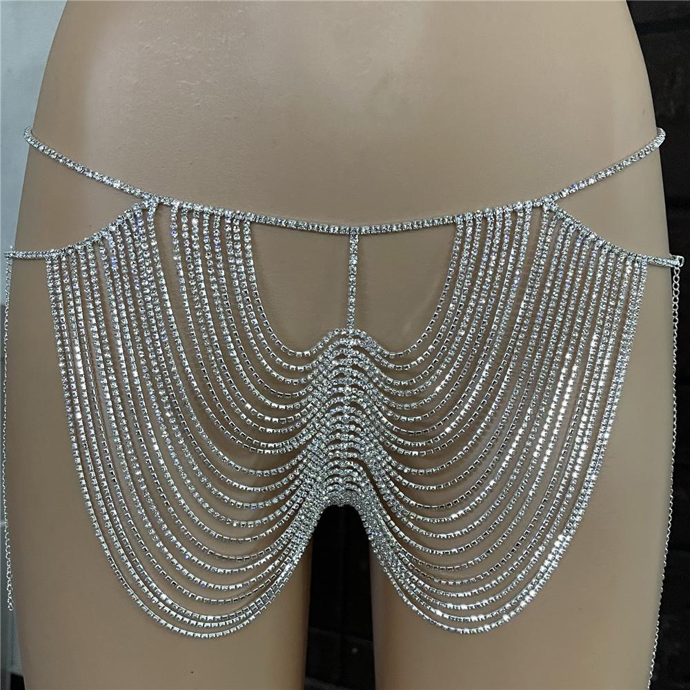 Rhinestone butt skirt chain, super flash hollowed-out sexy skirt costume body chain for women