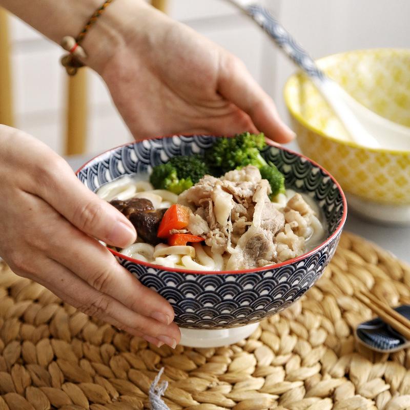 Japanese 6 Inch Noodle Bowl Ceramic Underglaze High Foot Salad Bowl for Home Ramen