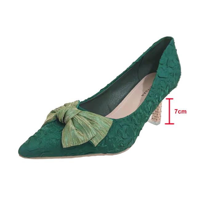 Green Silk Bowtie High Heels Pumps For Women Sexy Pointed Toe Metal Stiletto Heels Wedding Party Shoes Woman Spring Bombas