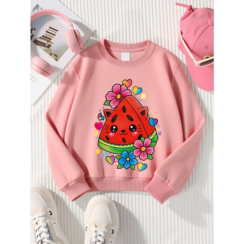 Kids Sweatshirt,Crew Neck Fashion Top, Fun"Cute Watermelon Cat Flower Hearts "patterned Sweatshirt, for Everyday Casual Wear,Casual Daily Sweatshirt