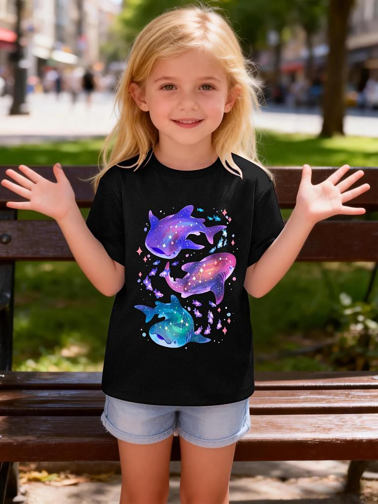 Galaxy Star Whale Shark Colorful Animal Cartoon Graphic Print T Shirt Family Matching Boys Girls Kids Short Sleeve Daily Tees