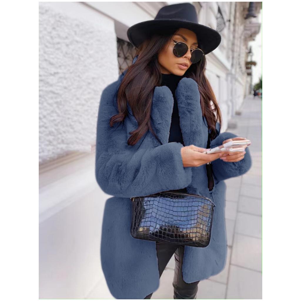 Damenmantel Winter Verdickter warmer Kunstpelzmantel Mittellanger Revers-Damenmantel