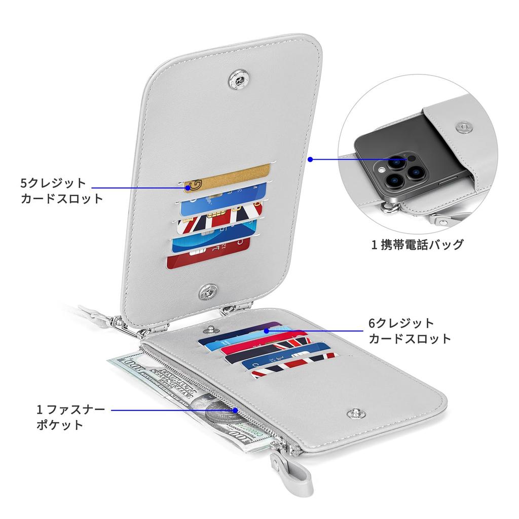 nuoku Smartphone Shoulder Bag with Bag for Smartphone and Removable Mobile Pouch Bag with Card Slot Women's Wallet, 2-in-1 Wallet, (Gray)