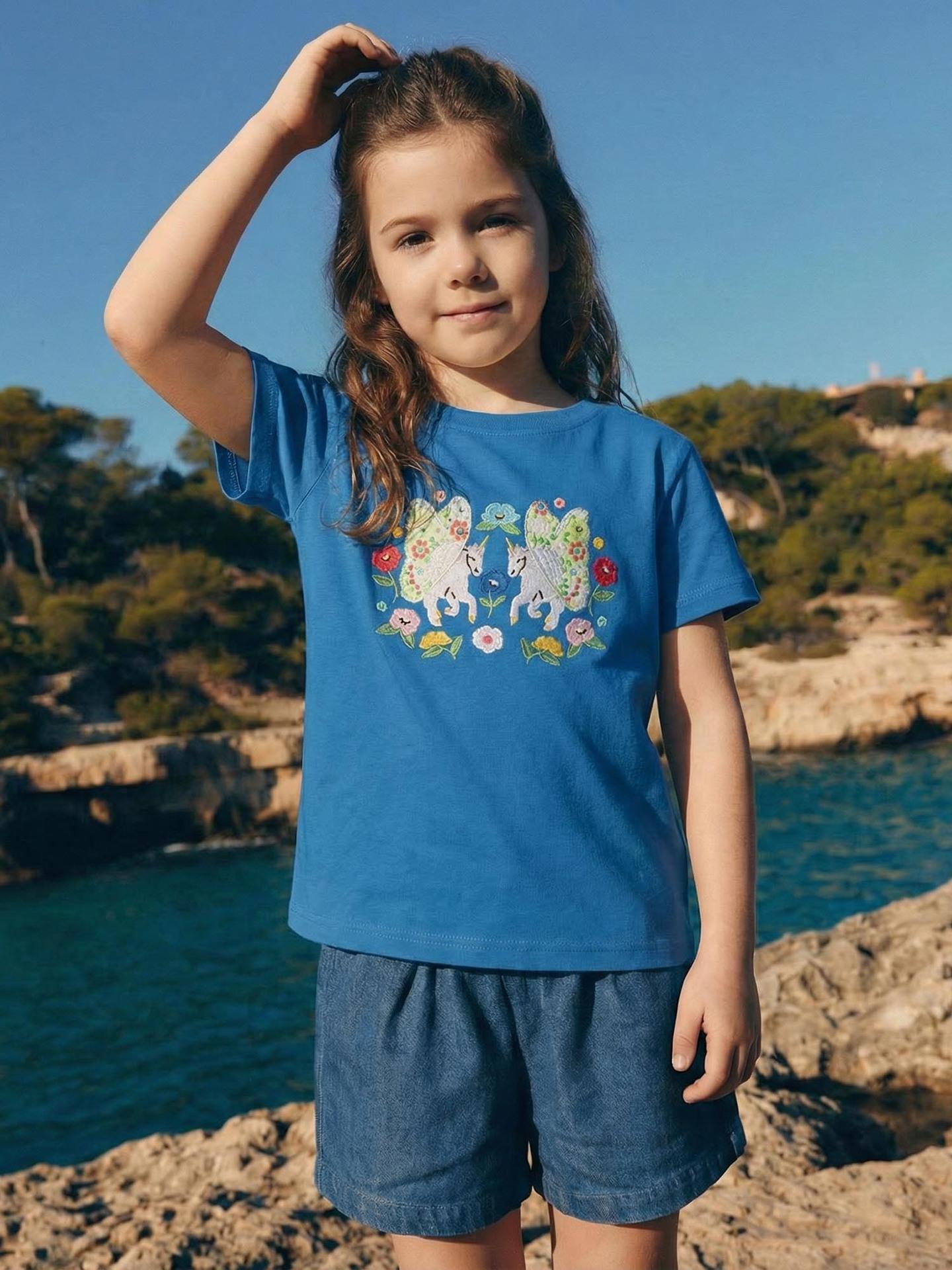 Girls Unicorn Embroidered Short-Sleeve T-Shirt - European & American Style, Round Neck 130cm (7Y) королевский синий