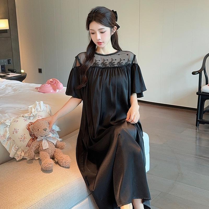 Elegant French Lace Ice Silk Nightdress for Women - Light & Breezy Summer Home Wear