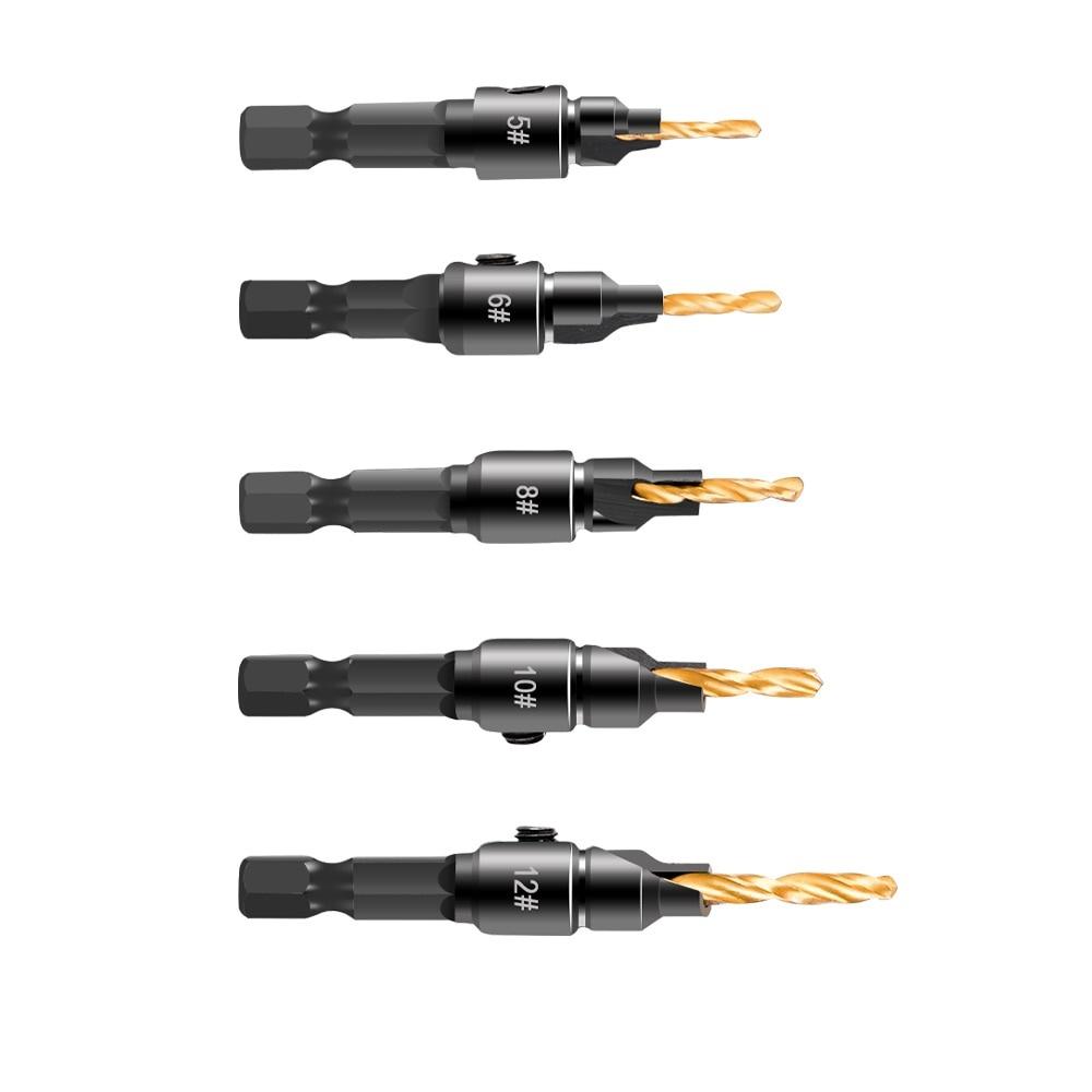 5pcs Drill Bits Countersink Drill Woodworking Drill Bit Set Wood Cutters Drilling Pilot Holes For Screw Sizes #5 #6 #8 #10 #12
