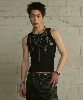 LANARCHIVE [0101] Chain Necklace Print Sleeveless - Black