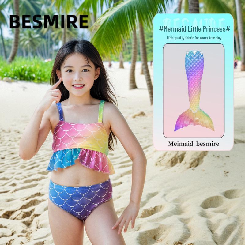 Children's Three-Piece Mermaid Bikini Swimsuit Set - Includes Princess Dress Performance Costume for Kids