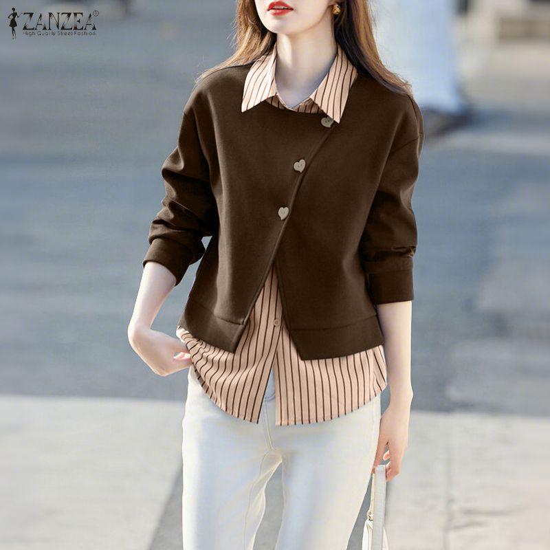 ZANZEA Women Patchwork Casual Turn Down Collar Long Sleeve Pullover Tops Autumn