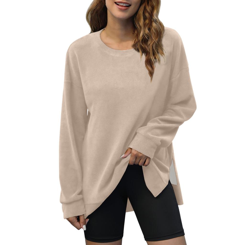 Women's Fashion Solid Color V-Neck Side Split Round Neck Pullover Long Sleeve Top Sweatshirt