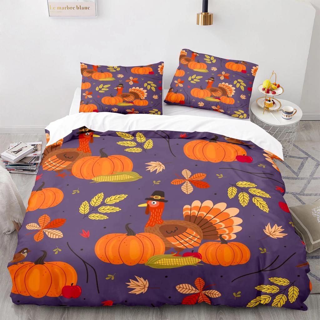 Thanksgiving King Queen Duvet Cover Lovely Cartoon Turkey Pattern Bedding Set For Kids Teens Festival Soft Polyester Quilt Cover