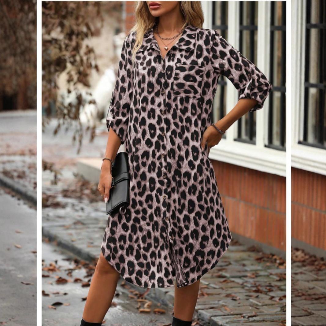 

Элегантное женское платье-рубашка с леопардовым принтом, застежкой на пуговицы спереди и закатанными рукавами для весны и осени L красный
